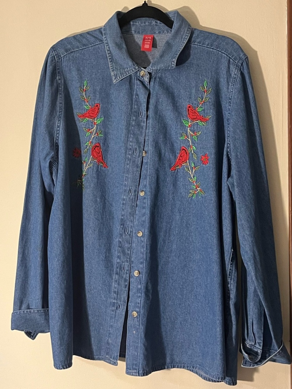Grandmacore Denim Button-Down Red Cardinal Embroidery Cotton XL
